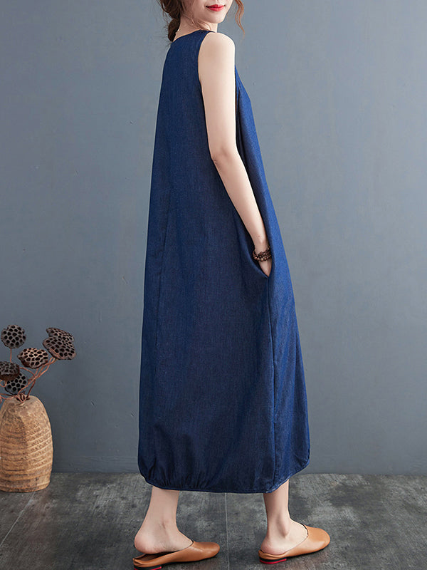 A-line Loose Buttoned Pleated Color Round-neck Midi Dresses