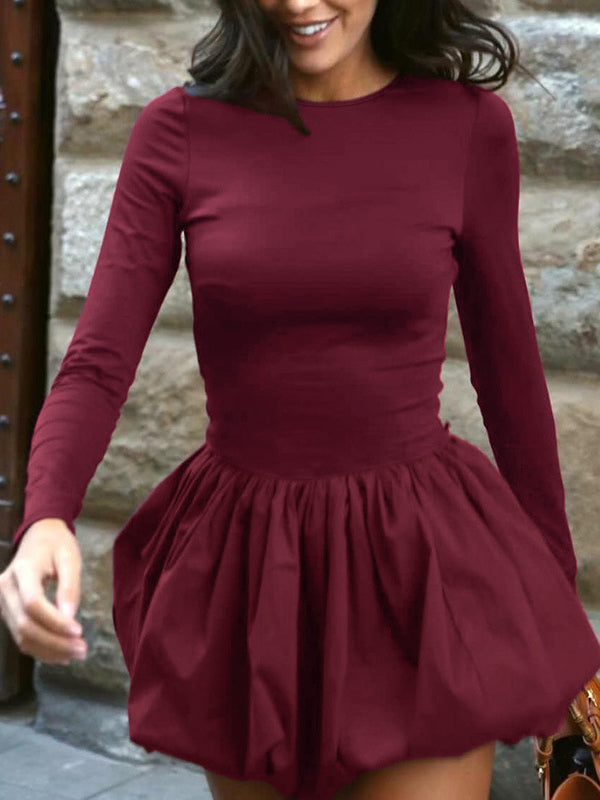 Long Sleeves Skinny Pleated Color Split-joint Round-neck Mini Dresses