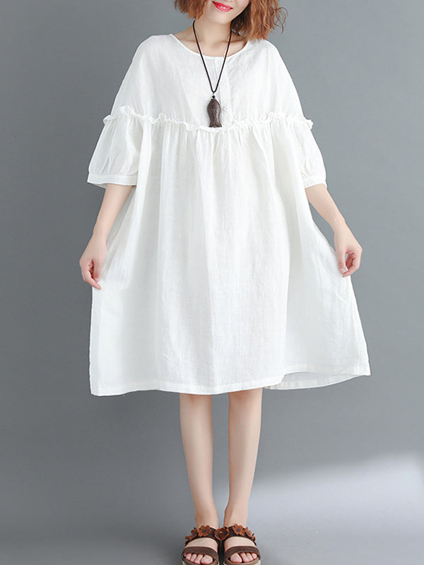 Artistic Retro Loose Falbala Color Pleated Midi Dress