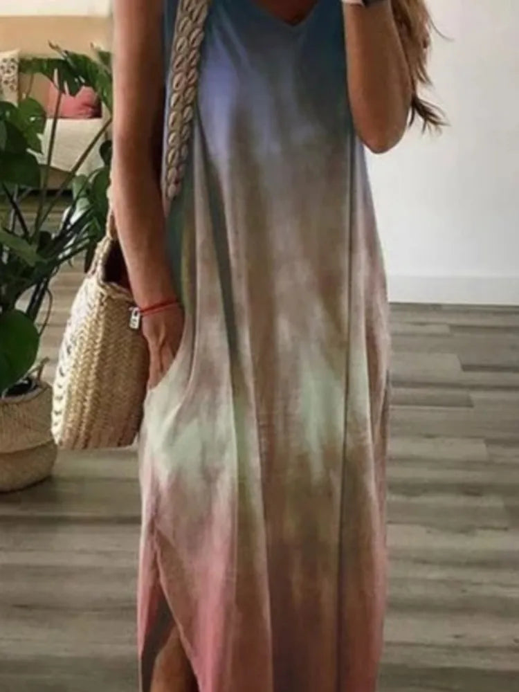 Gradient Tie Dye Print Sleeveless Long Dresses V-neck Loose Slit Vest Dress Female Summer A-line Vestidos