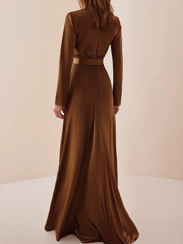 Long Sleeves Loose Pleated Shiny Color Split-joint Tied Waist High Neck Evening Dresses Maxi Dresses