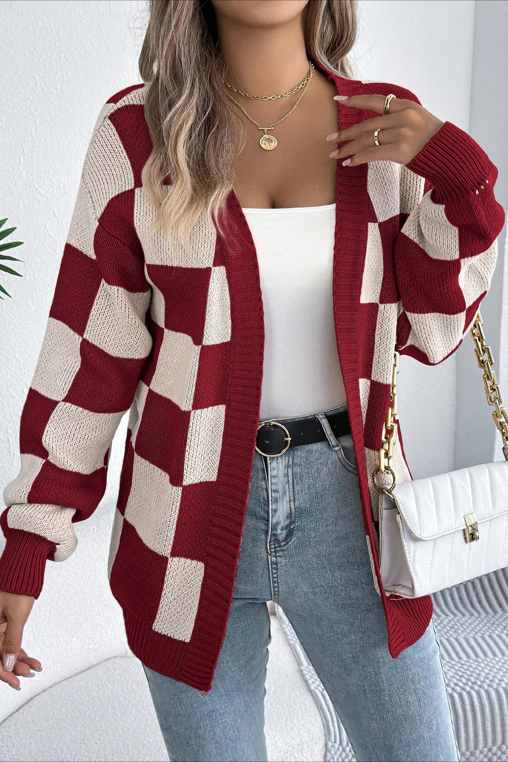 Plaid Knit Loose Cardigan