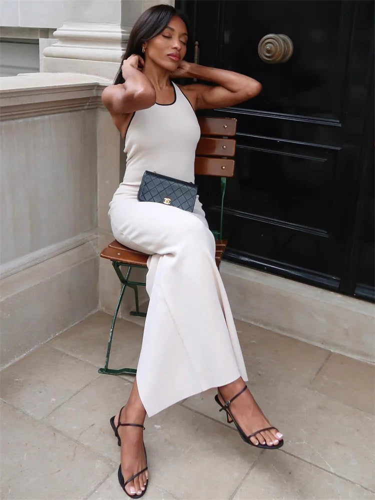 Backless Contrast Knitwear Maxi Dress for Slim Side Split High Waist Summer Dress Clothes Party Dress