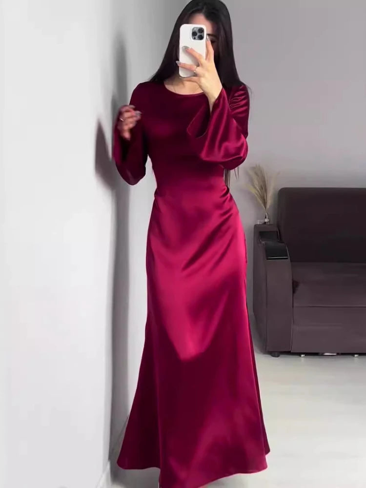 Satin High Waist Maxi Dress Bell Sleeve Lace Up Slim Banquet Mermaid Bodycon Dresses Throbbing in Autumn