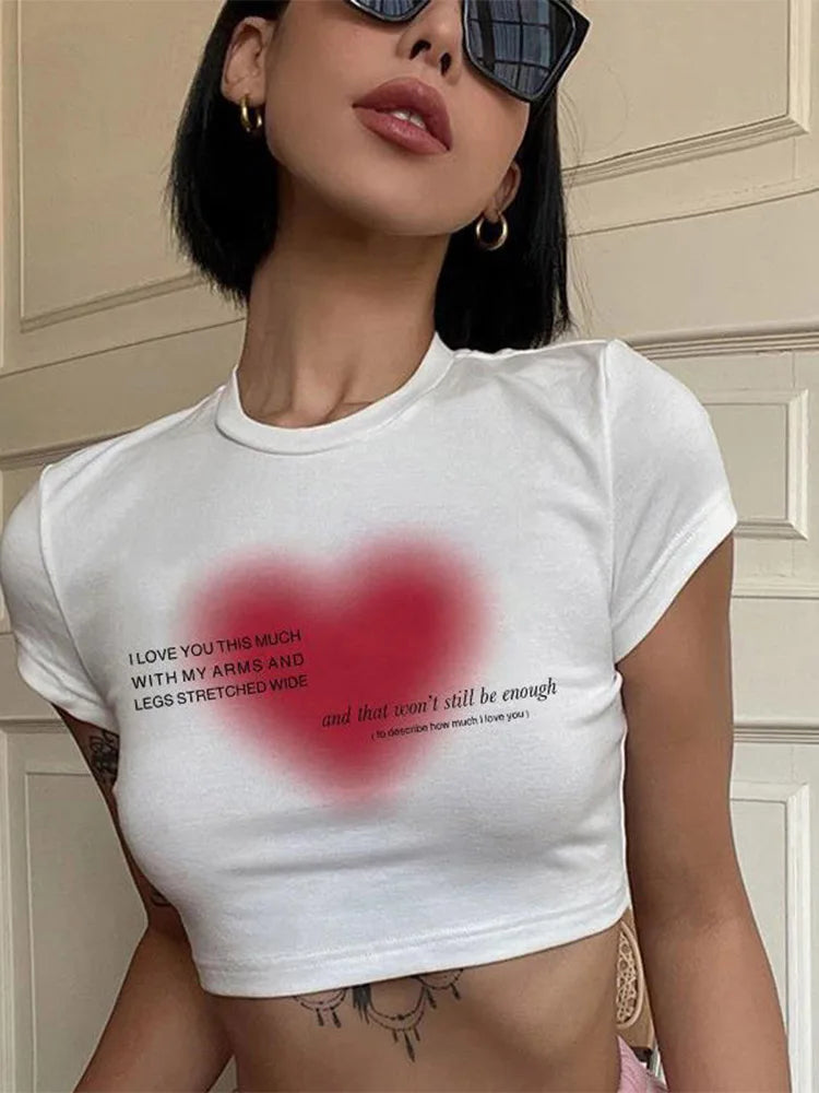 Aesthetic Heart Print T-shirt Anime Letter Kawaii 90’s Crop Tops Summer Short Sleeve Tees Kpop Y2k Clothes Lady