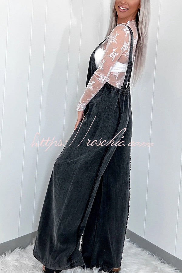 Washed Denim Raw Edge Elastic Waist Wide Leg Jumpsuit
