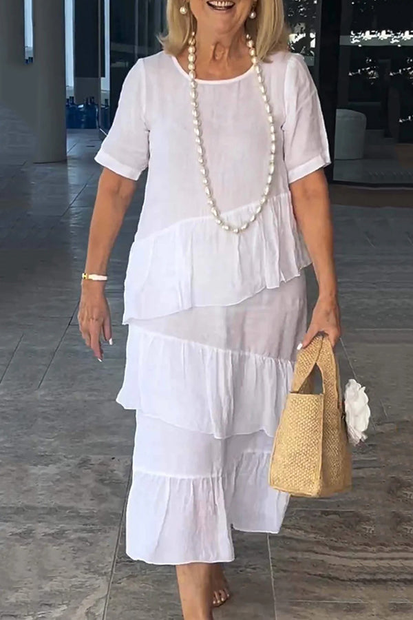 Linen Blend Color Round Neck Loose Midi Dress