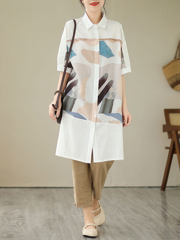 Loose Short Sleeves Printed Split-joint Split-side Lapel Midi Dresses