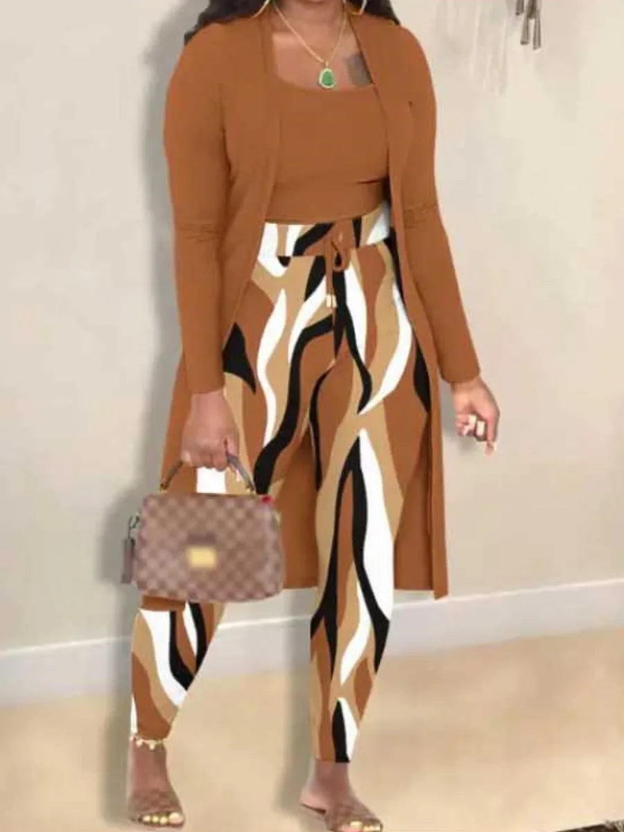 Autumn Winter 2 Piece Sets Outfit Cami Pattern U Neck Long Sleeve Drawstring Three Piece Skinny Pants Set