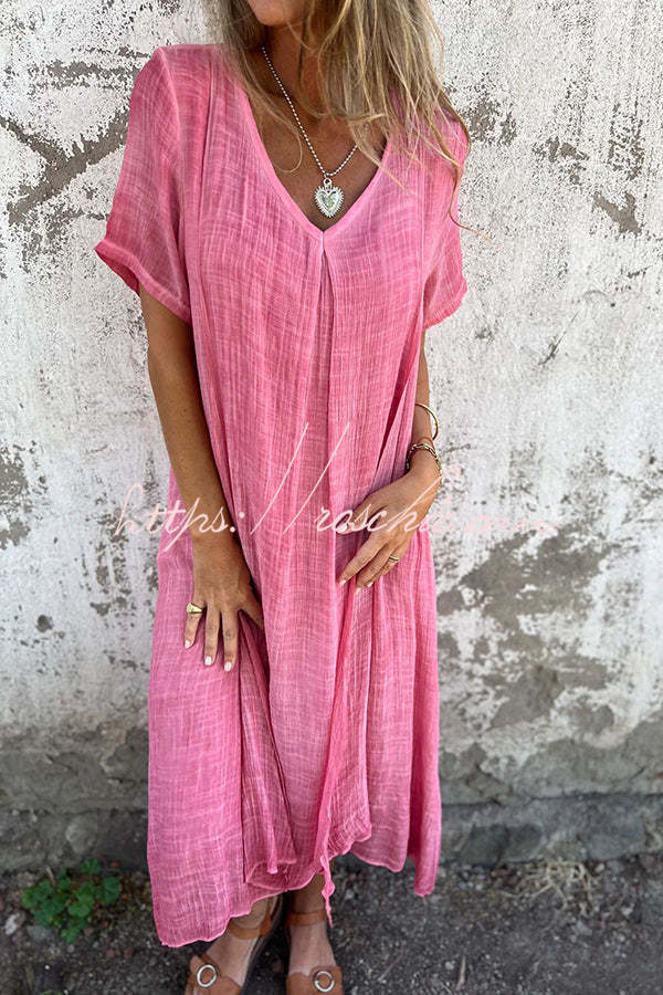 Bayside Bliss Linen Blend Short Sleeve Pleated Loose Midi Dress