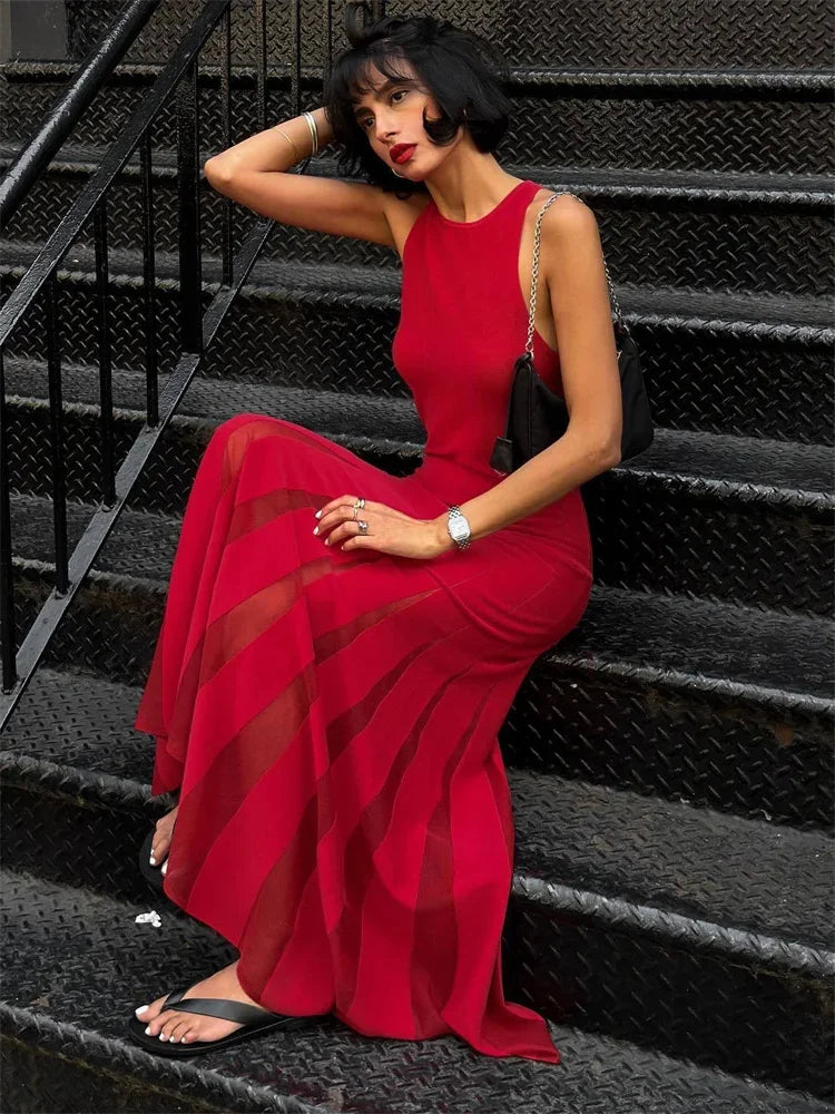 Knit Patchwork Maxi Dress Female Sleeveless See-through High Waist Party Dress ’s Knitwear Dress