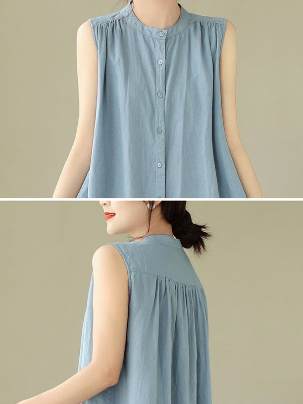 A-line Sleeveless Buttoned Pleated Color Round-neck Midi Dresses