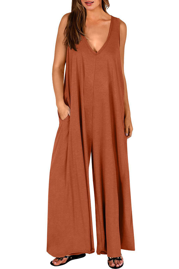 Color V-neck Sleeveless Loose Pocket Wide-leg Jumpsuit