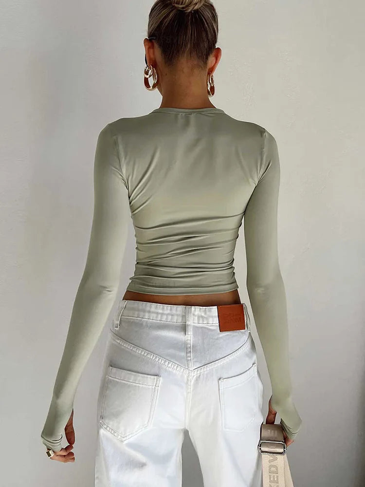T-shirt Long Sleeve Crew Neck Slim Fit Crop Top With Thumb Holes for Daily Summer Camis