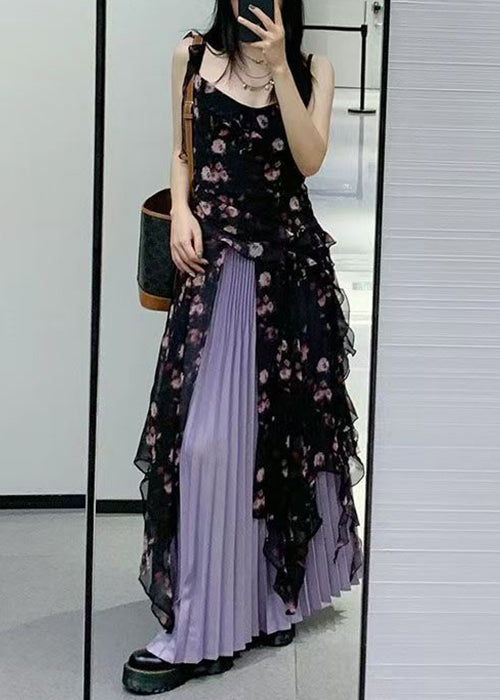 Black Ruffled Print Chiffon Two-piece Set Sleeveless Qp030