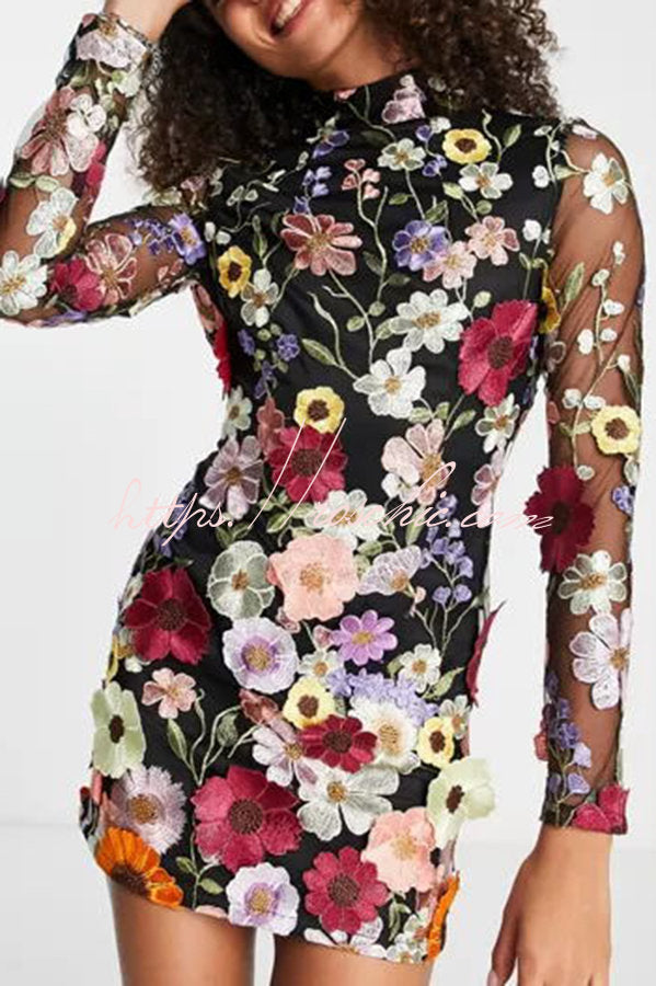 Elegantly Enchanted Applique Backless Long Sleeve Mini Dress