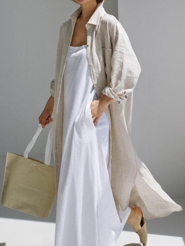 Simple Long Sleeves Split-side Color Lapel Midi Dresses Shirt Dress