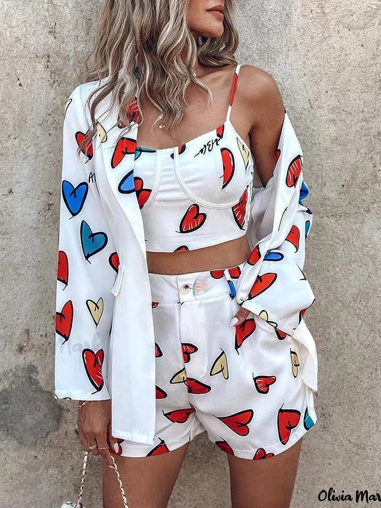 Heart Print Cami Top & Shorts With Long Blazer 3 Piece Coord Set