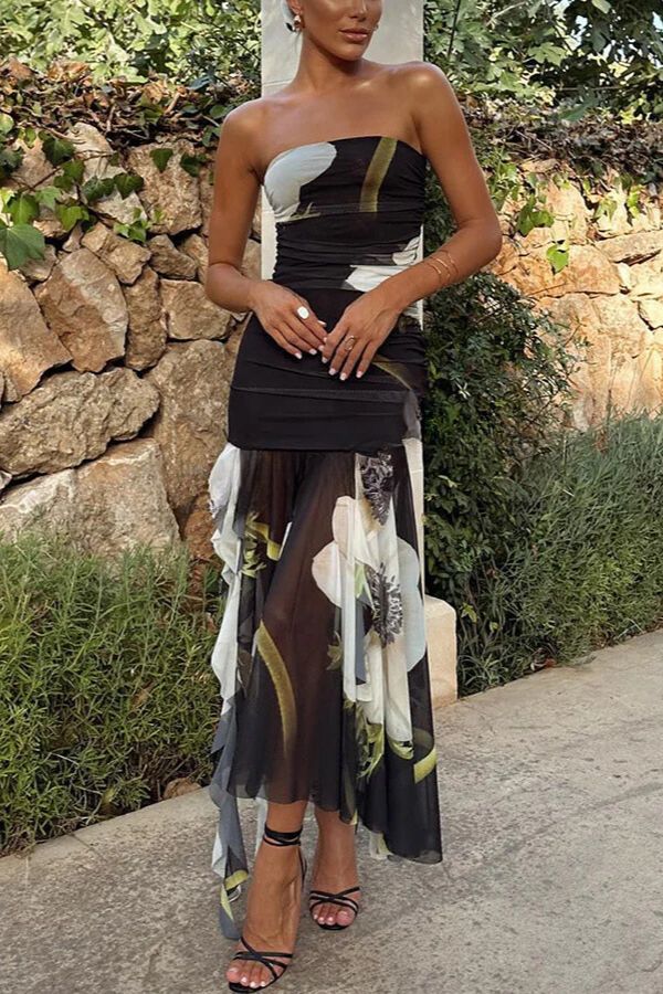 Raquel Mesh Overlay Print Off Shoulder Ruched Ruffles Stretch Midi Dress