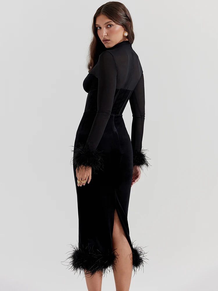 Feather Midi Dress for Black Sheer Long Sleeve Backless Bodycon Club Party Long Dress