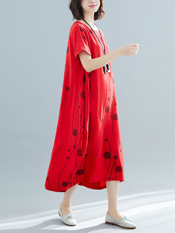 Loose Short Sleeves Printed Round-neck Midi Dresses