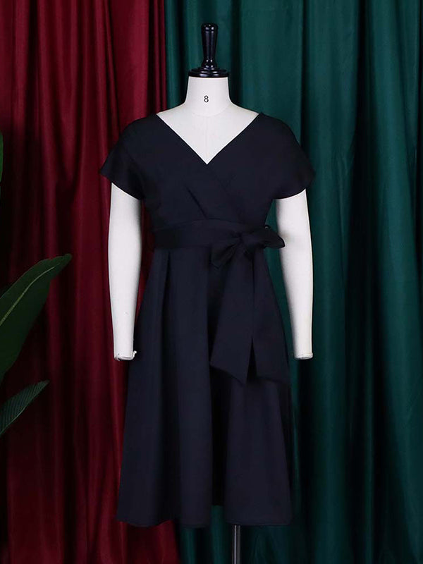 Bowknot Lace-up Color V-neck Midi Dresses