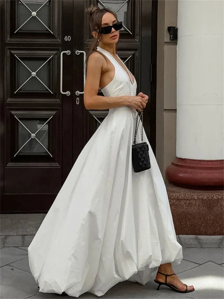 White V-neck Backless Long Dress Female Sleeveless High Waist Bodycon Dress Maxi Dress