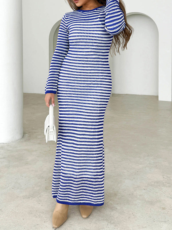 High Waisted Long Sleeves Contrast Color Striped Tied Round-neck Midi Dresses Sweater Dresses
