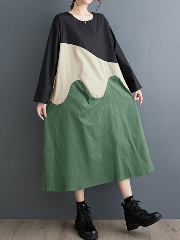 A-line Long Sleeves Asymmetric Contrast Color Split-joint Round-neck Midi Dresses