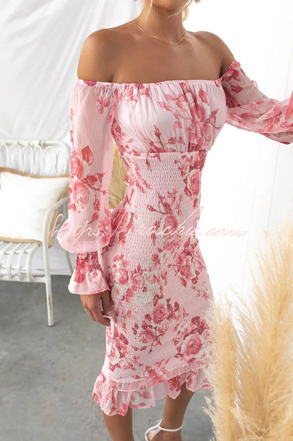 Shine Bright Off Shoulder Smocked Waist Midi Dress