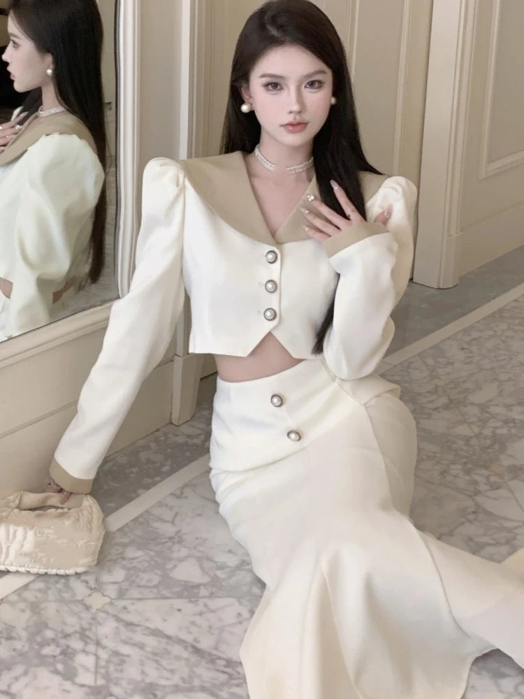 Two Piece Set Long Sleeves Short Coat + High Waist Mermaid Skirt Autumn Winter Korean Style Patchwork Outfit
