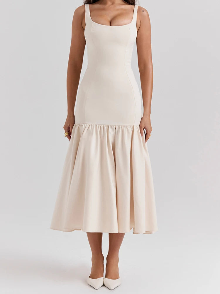White Ruffled Patchwork Maxi Dress Female Slim High Waist Backless Pleated Summer Strapless Female Long Dress