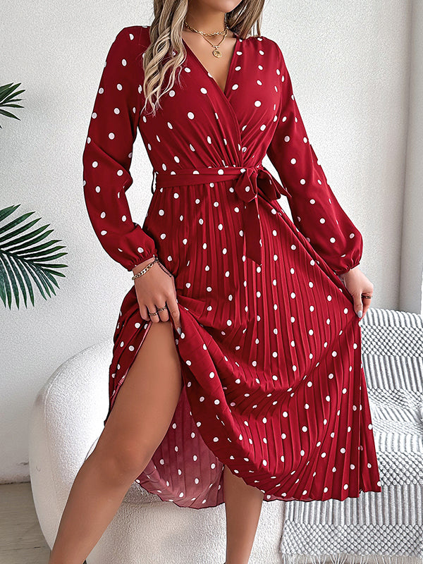 A-line High Waisted Elasticity Pleated Polka-dot Split-joint Tied Waist V-neck Midi Dresses Shirt Dress