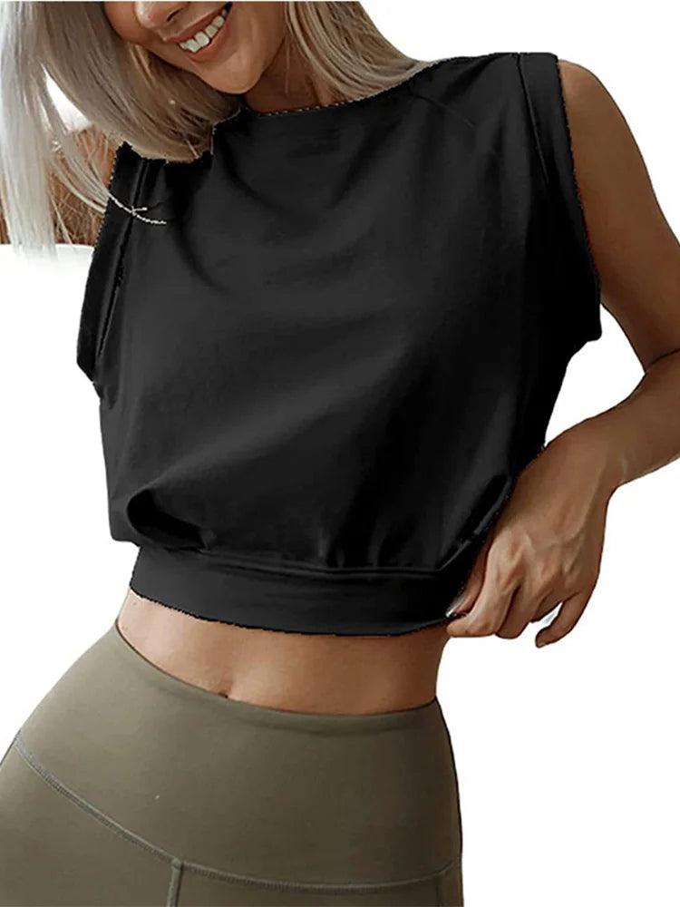 Crop Top Cotton Shirts for Sleeveless Yoga Tops Running Gym Workout Shirts Fitness Loose Female T-shirt