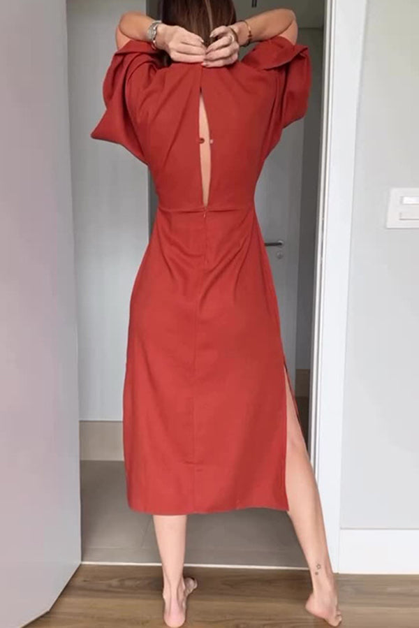 Color V-neck Half-sleeve Waist-tied Midi Dress