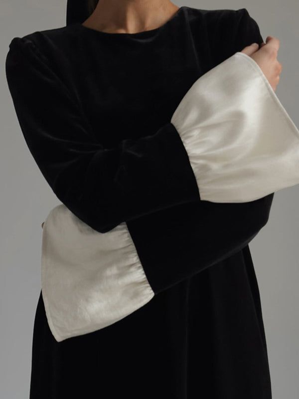 Flared Sleeves Long Sleeves Contrast Color Pleated Split-joint Round-neck Midi Dresses