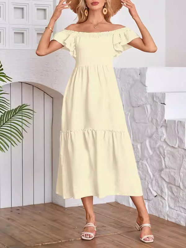 A-line Loose Elasticity Pleated Ruffled Color Split-joint Off-the-shoulder Midi Dresses