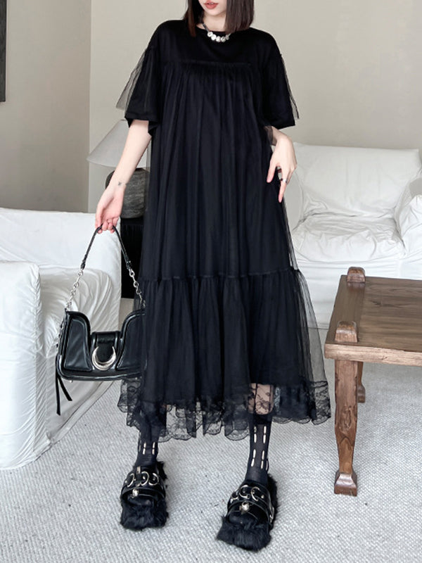 Fake Two-piece Loose Gauze Pleated Color Split-joint Tiered Round-neck Midi Dresses