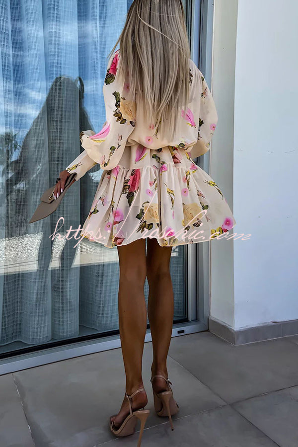Sunset and Dreams Print Subtle Tuck Lantern Sleeve Belt Mini Dress