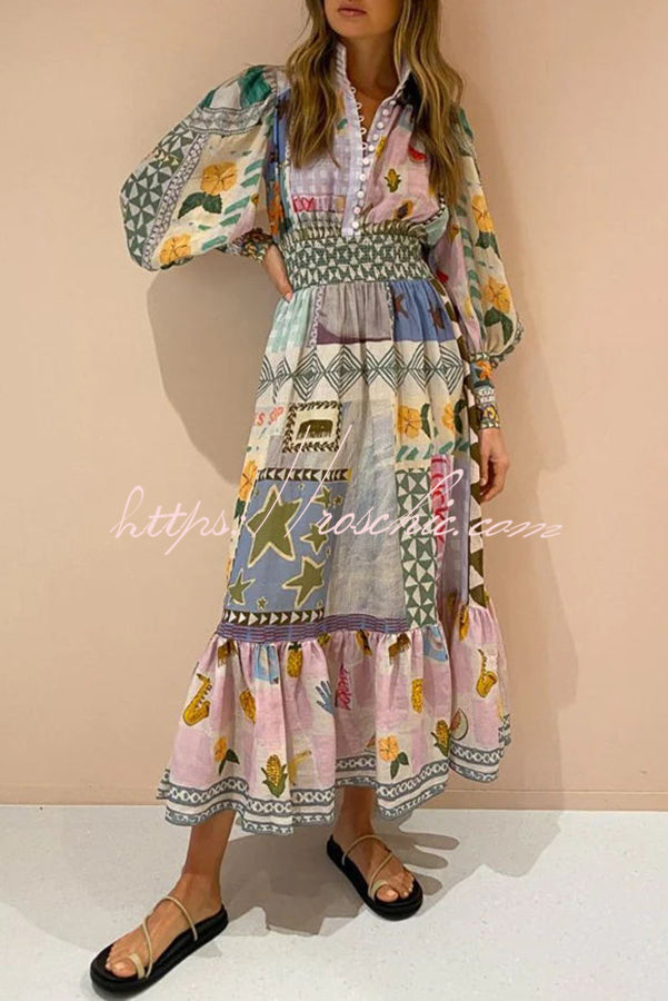 Playfully Unique Print Balloon Sleeve Smocked Waist Shirt Midi Dress