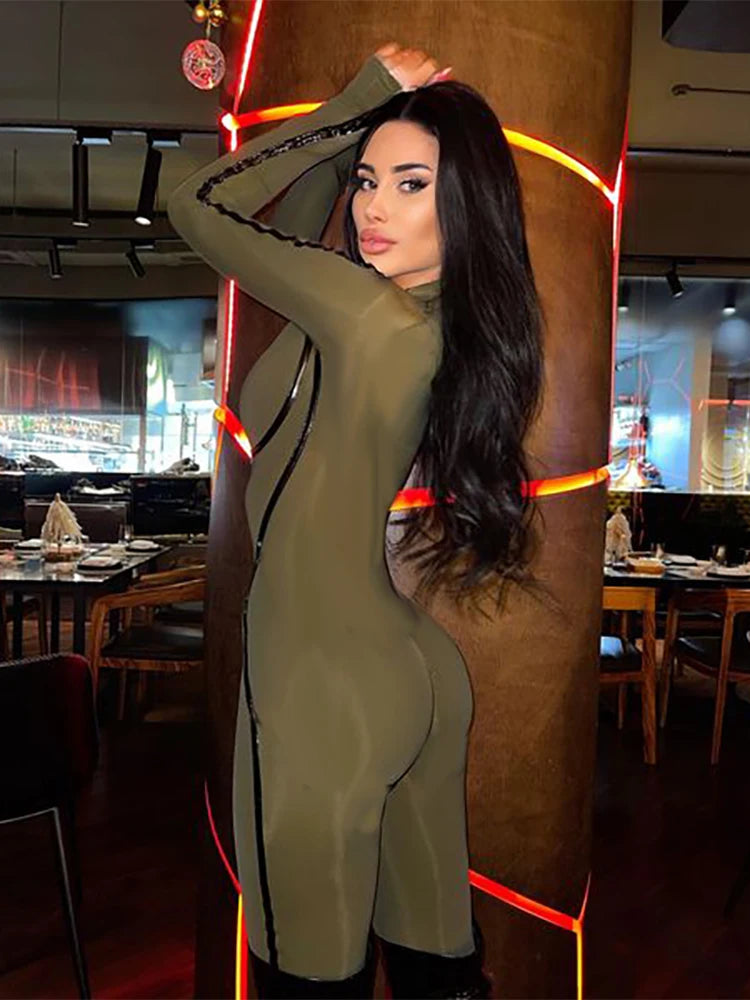 Sports Leather Zipper Tight Hip Jumpsuit Spring Long Sleeve Patchwork Ribbon Split Line Rompers Overalls