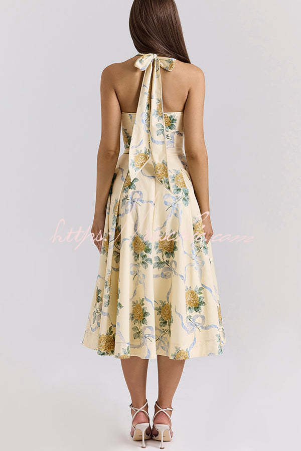 Resort Star Print Waist Halterneck Tie Pocket Midi Dress