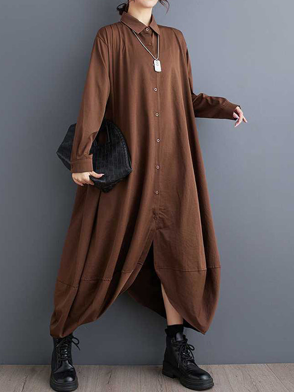 A-line Long Sleeves Buttoned Pockets Color Split-joint Lapel Midi Dresses Shirt Dress