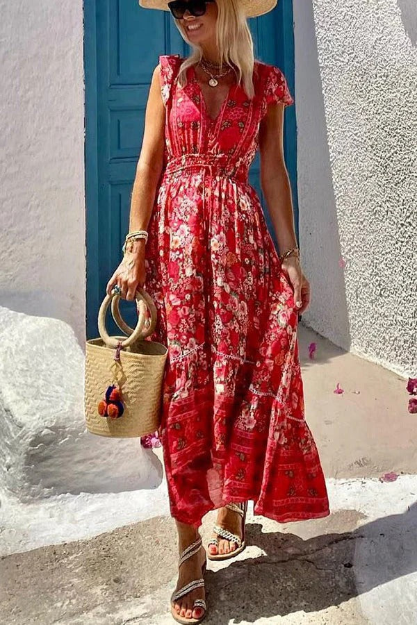 Summer in Greece Print Ruffle Sleeve Elastic Waist High-low Midi Dress