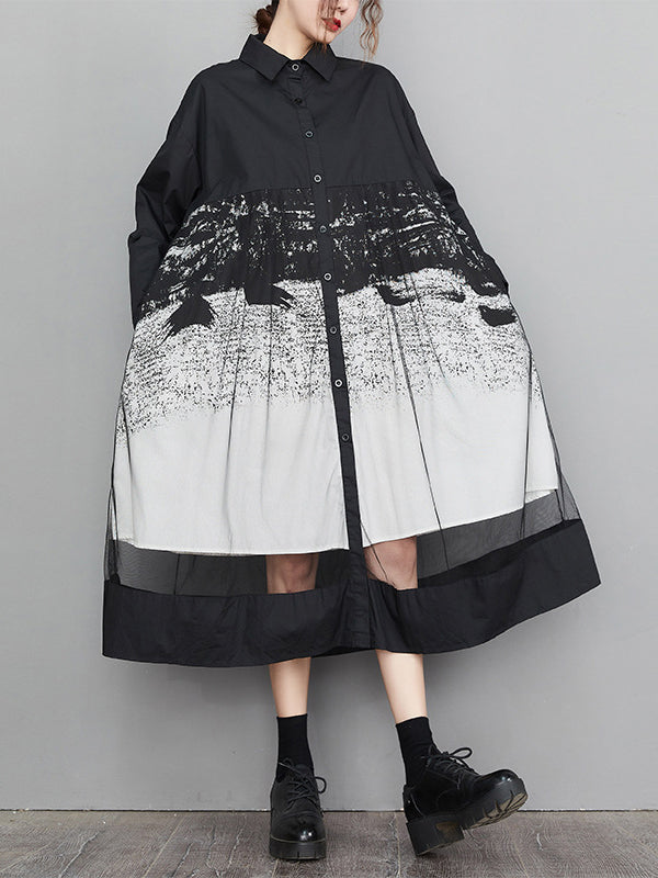 A-line Long Sleeves Buttoned Gauze Printed Split-joint Lapel Midi Dresses