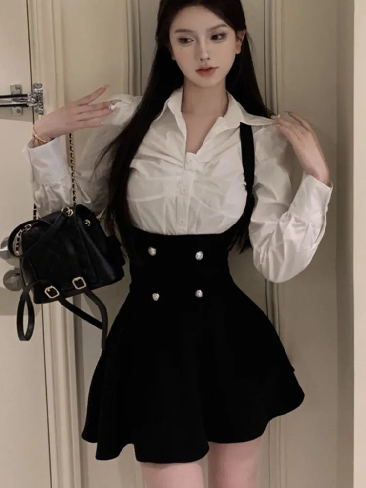 Y2k 3 Piece Set Cropped Coat + Long Sleeve Shirt + High Waist Halter Ruffles Mini Dress Korean Outfits