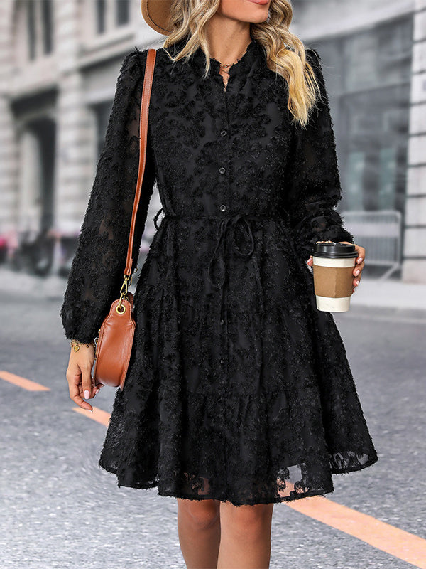 A-line Long Sleeves Buttoned Elasticity Jacquard Pleated Color Tied Waist Stand Collar Mini Dresses