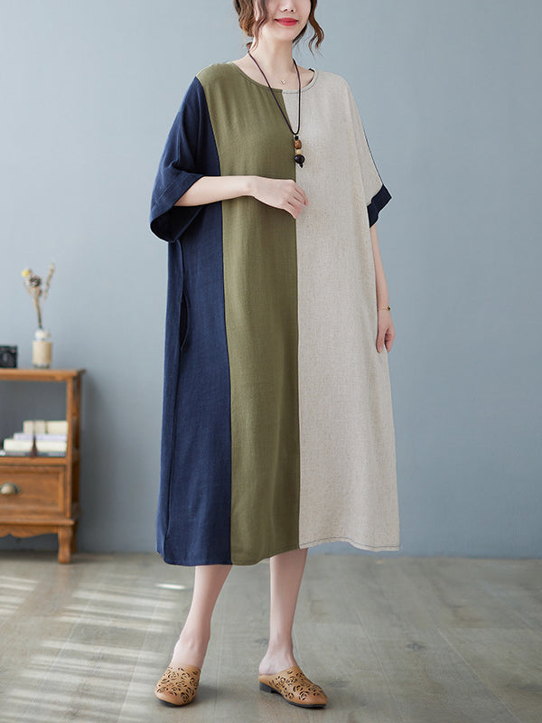 Half Sleeves Loose Contrast Color Round-neck Midi Dresses