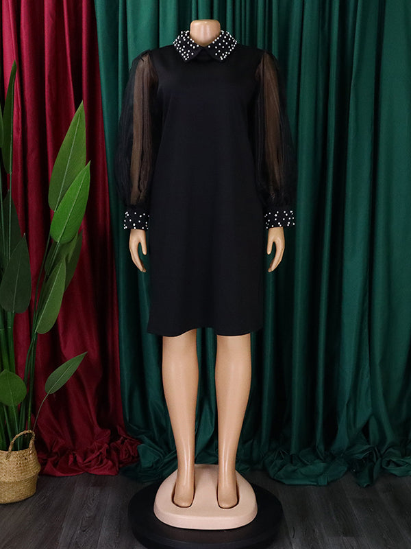 Puff Sleeves Beads Mesh Color Split-joint Round-neck Midi Dresses