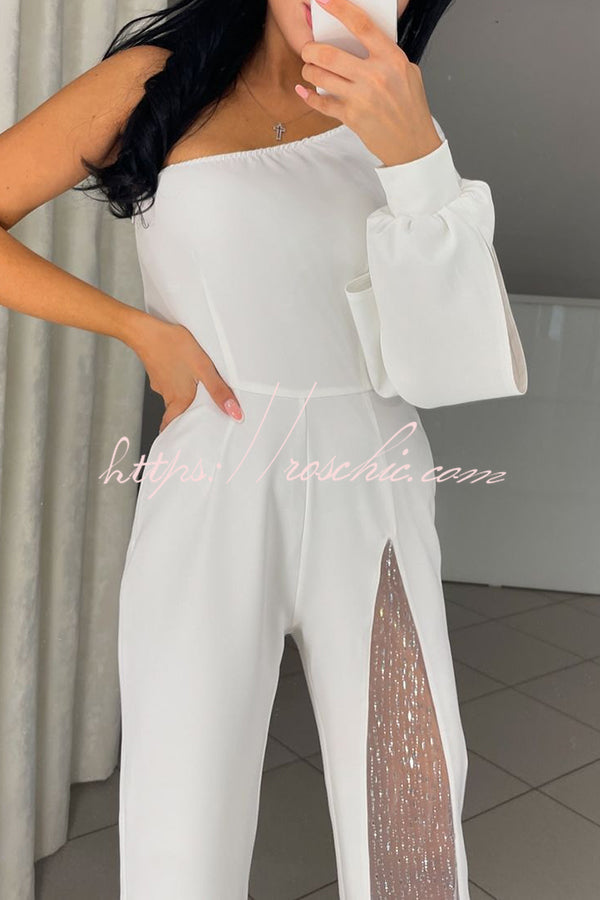 Fashionable Oblique Shoulder One-sleeve High Slit Slim Jumpsuit